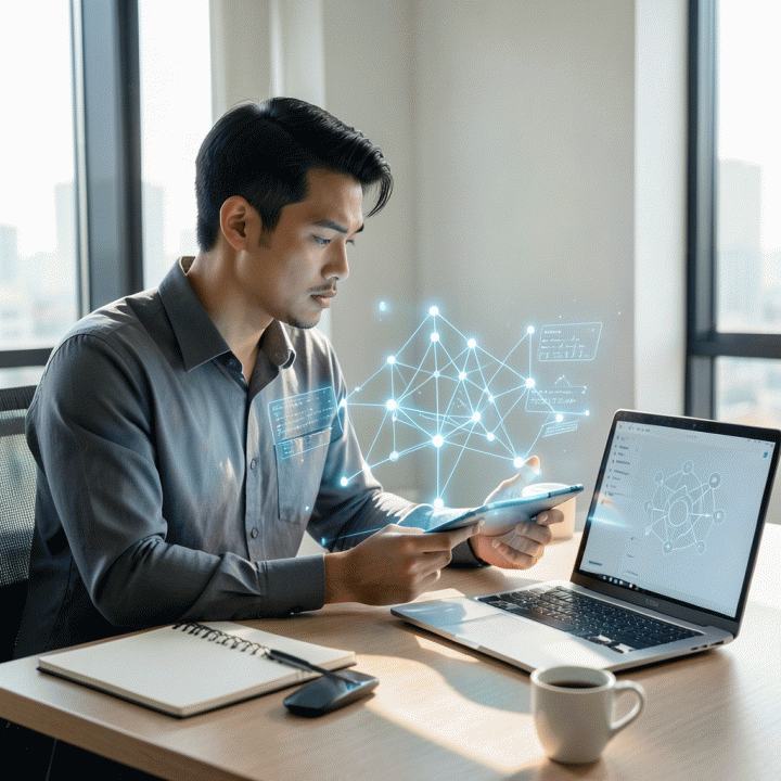 Seorang founder muda Indonesia yang antusias di ruang kerja modern, menatap antarmuka hologram atau tablet yang menampilkan diagram alir terstruktur, melambangkan transformasi ide menjadi rencana bisnis digital yang terorganisir.