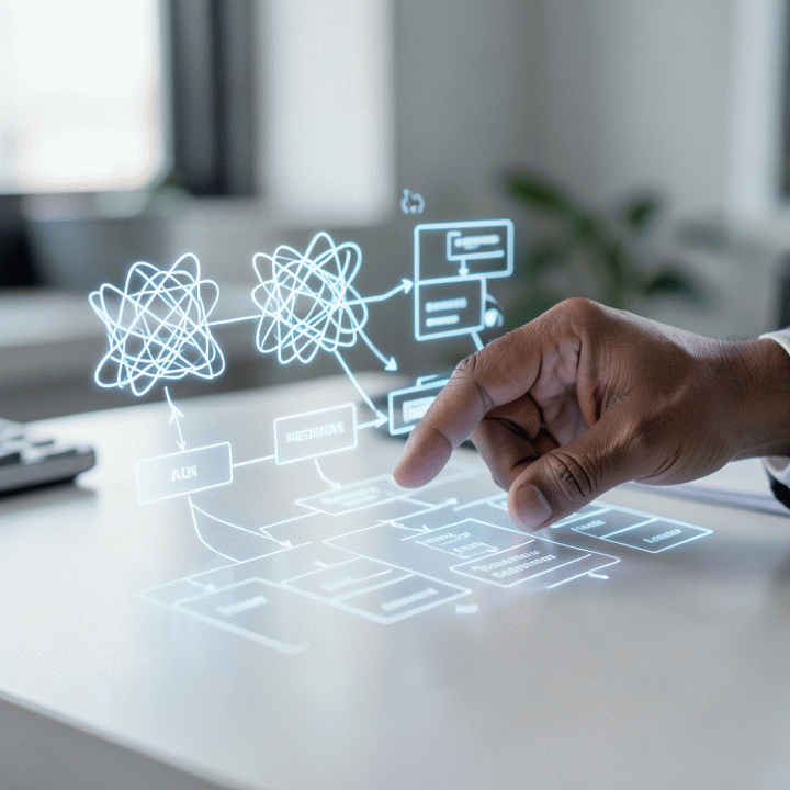 Tangan yang berinteraksi dengan antarmuka digital abstrak, menunjukkan proses transisi dari ide mentah yang kacau menjadi rencana bisnis yang terstruktur dan rapi.