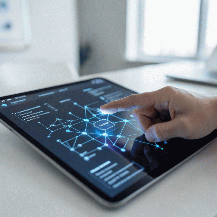 Tangan menunjuk antarmuka digital pada tablet yang menampilkan visualisasi alur kerja dan diagram bisnis yang dihasilkan oleh AI.