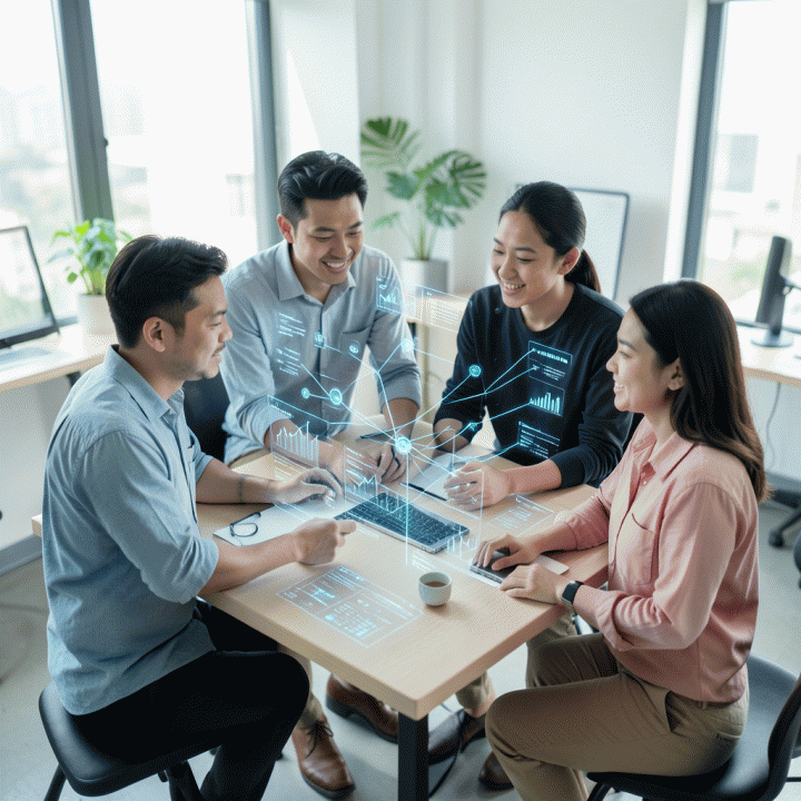Sekelompok founder muda Indonesia berkolaborasi di ruang kerja futuristik, berinteraksi dengan proyeksi hologram data bisnis dan tren pasar yang kompleks, melambangkan konversi ide menjadi bisnis digital.