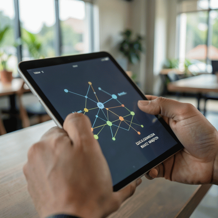 Tangan founder berinteraksi dengan tablet yang menampilkan visualisasi abstrak dari proses pengembangan ide dan pemetaan pasar menggunakan AI.