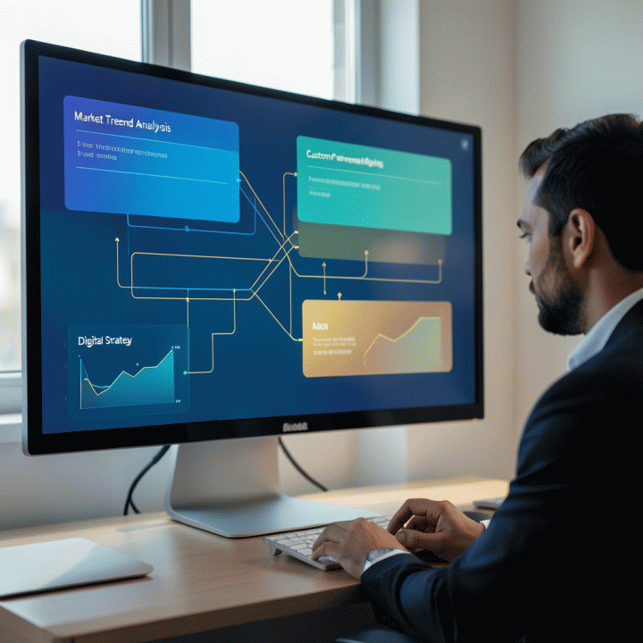 Tampilan antarmuka dashboard AI yang abstrak dan modern, menunjukkan analisis tren pasar dan strategi bisnis yang terhubung, tanpa teks yang terbaca.