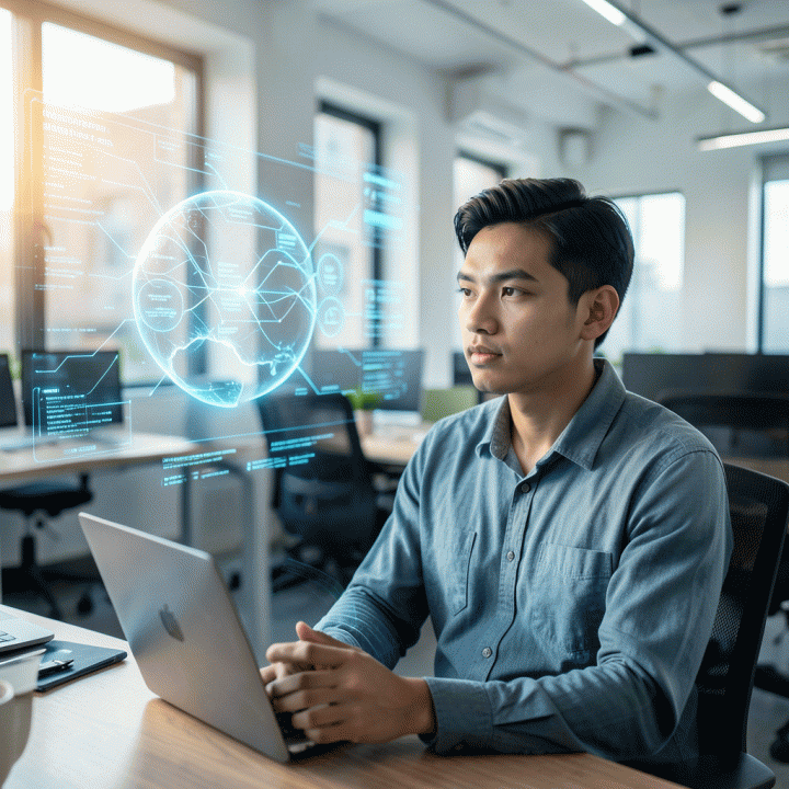 Seorang pengusaha muda Indonesia di co-working space modern, dikelilingi proyeksi holografik data dan ide bisnis yang berkembang menjadi rencana digital yang terstruktur, melambangkan transformasi ide menjadi bisnis digital.