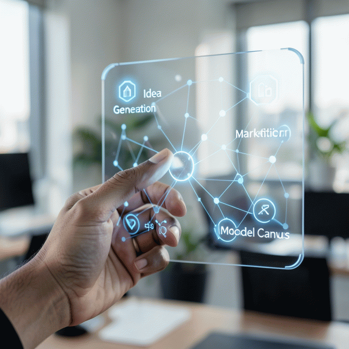 Tangan yang berinteraksi dengan antarmuka holografik futuristik yang menampilkan visualisasi proses ide menjadi model bisnis digital yang terstruktur.