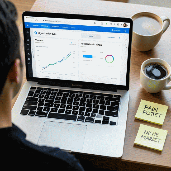 Tampilan laptop yang menunjukkan dasbor riset pasar AI yang rapi dan terstruktur, membantu founder memvalidasi ide bisnis mereka dengan cepat.