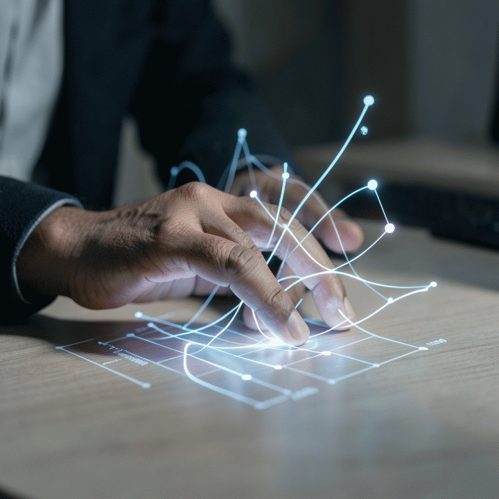 Tangan profesional berinteraksi dengan antarmuka holografik yang menampilkan diagram bisnis dan data abstrak, menunjukkan proses transformasi ide menjadi rencana terstruktur menggunakan AI.
