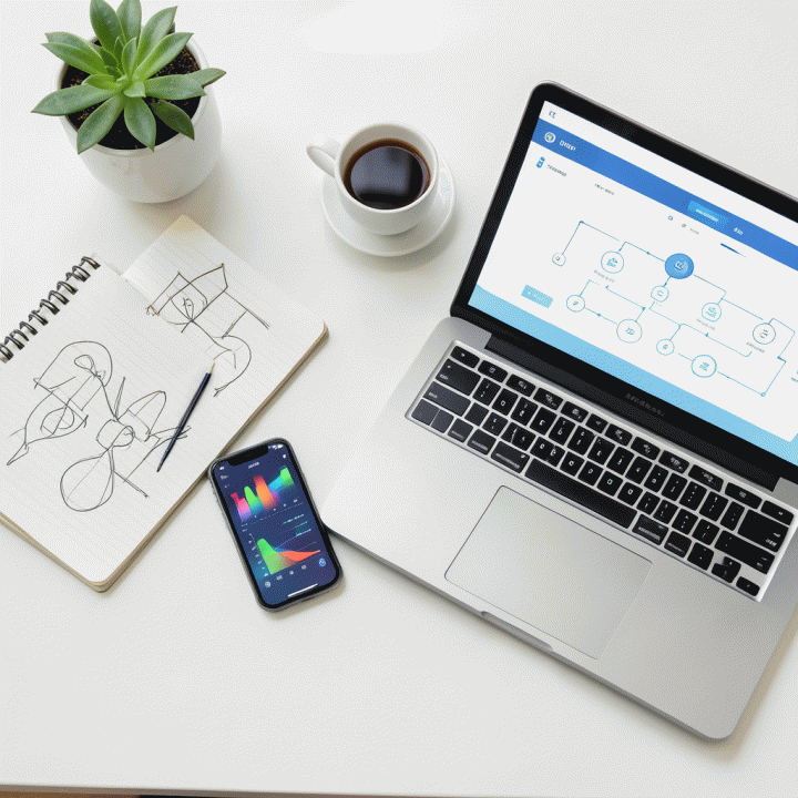 Tampilan atas (flat lay) meja kerja modern yang berisi elemen-elemen kreatif seperti buku sketsa, laptop dengan dashboard abstrak, dan smartphone, melambangkan alat-alat yang digunakan dalam proses pengembangan ide bisnis.