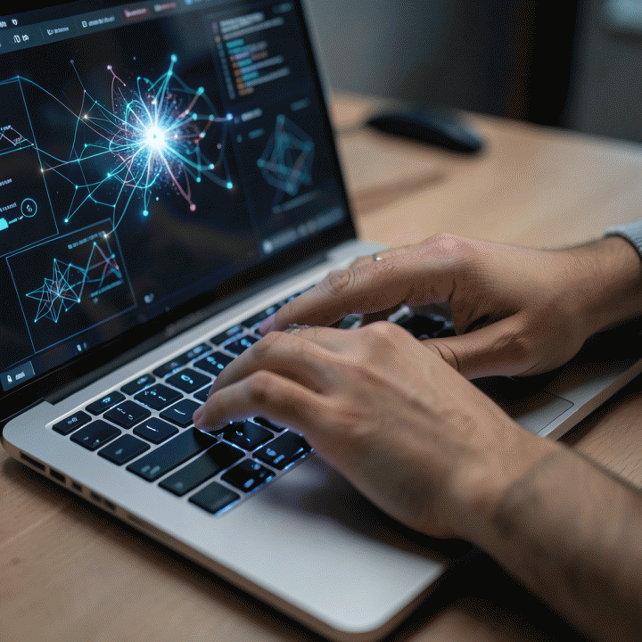 Tangan yang mengetik di laptop yang menampilkan visualisasi data abstrak, melambangkan memasukkan ide ke dalam AI.