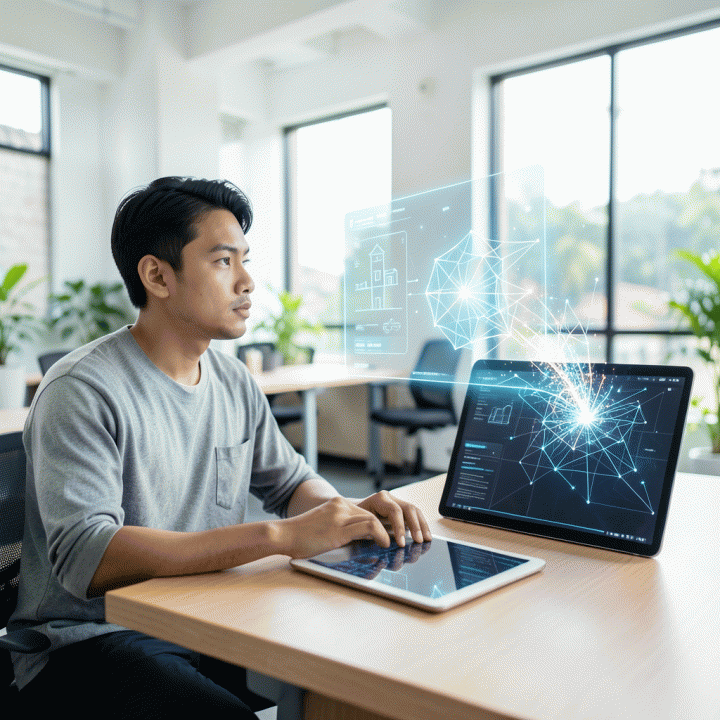 Seorang founder muda Indonesia sedang berinteraksi dengan visualisasi ide abstrak yang secara ajaib bertransformasi menjadi kerangka bisnis digital yang terstruktur menggunakan bantuan teknologi AI di meja kerja modern.