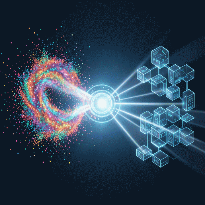 Visualisasi konseptual transisi dari ide mentah yang kacau menjadi model bisnis digital yang terstruktur dan siap diluncurkan melalui proses pemrosesan AI.