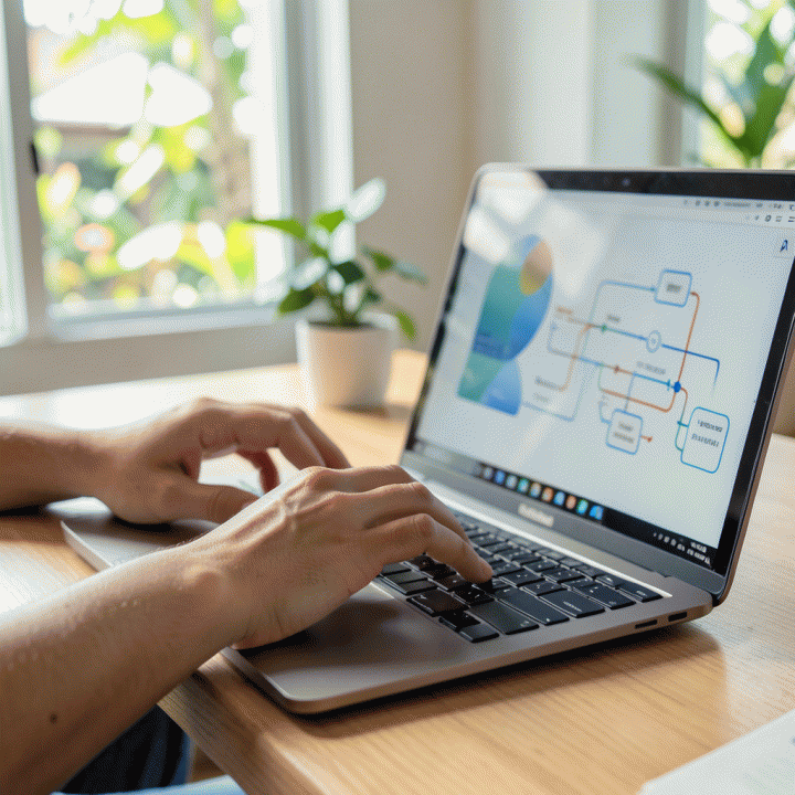 Tangan seorang profesional sedang mengetik di laptop, dengan visualisasi data dan struktur bisnis abstrak yang muncul di layar, menunjukkan proses pengembangan ide digital.