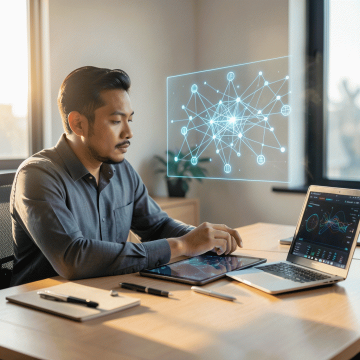 Seorang profesional muda Indonesia dengan percaya diri melihat proyeksi hologram bercahaya di atas tablet, melambangkan ide mentah yang berubah menjadi rencana bisnis digital yang terstruktur.