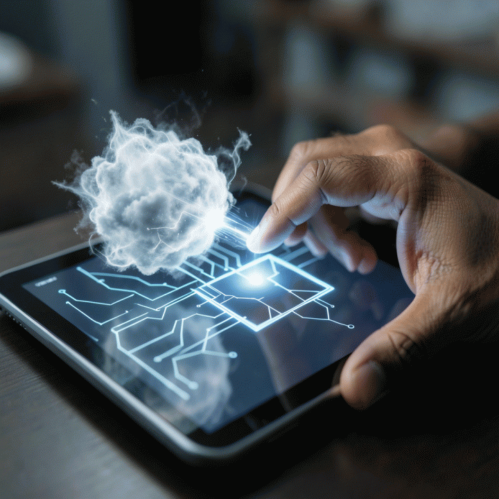 Tangan berinteraksi dengan antarmuka holografik yang menunjukkan proses transformasi ide mentah menjadi peta bisnis yang terstruktur.