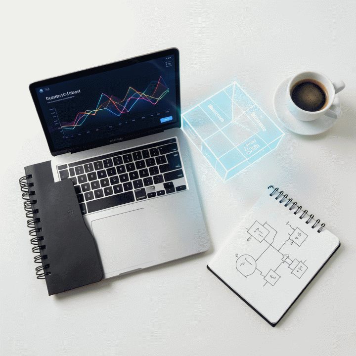 Pandangan atas meja kerja yang menunjukkan kolaborasi antara alat fisik (buku catatan) dan alat digital (laptop/hologram) untuk menyusun model bisnis yang terstruktur.