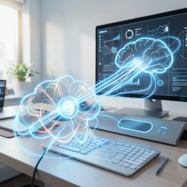 Visualisasi konseptual transformasi ide mentah yang kacau menjadi model bisnis digital yang terstruktur menggunakan kekuatan kecerdasan buatan dalam suasana kerja modern.
