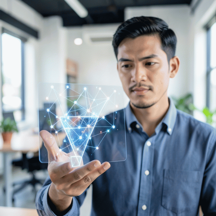 Seorang founder yang berinteraksi dengan antarmuka holografik abstrak yang menampilkan pemodelan bisnis atau alur pelanggan, menunjukkan validasi ide yang cepat dan intuitif.