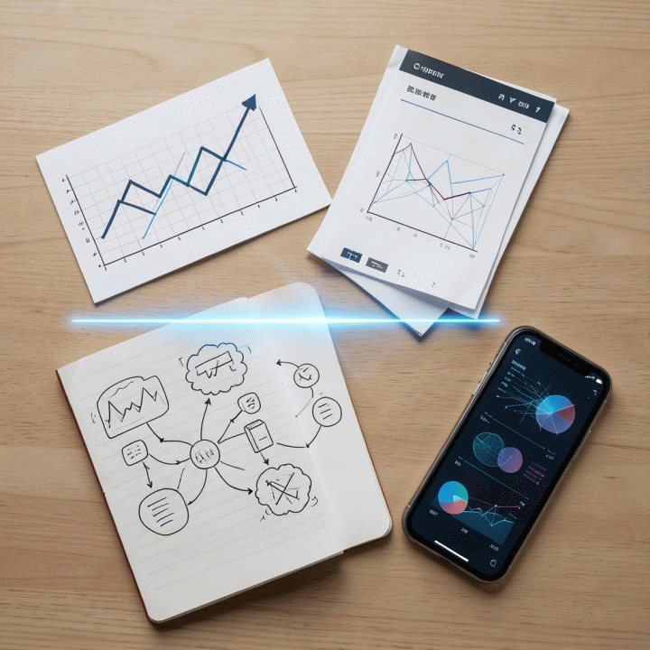 Tata letak meja flat-lay yang menampilkan berbagai elemen ide bisnis seperti grafik pasar, mockup produk digital, dan peta pikiran, semuanya dihubungkan oleh cahaya abstrak AI yang menunjukkan proses validasi ide.