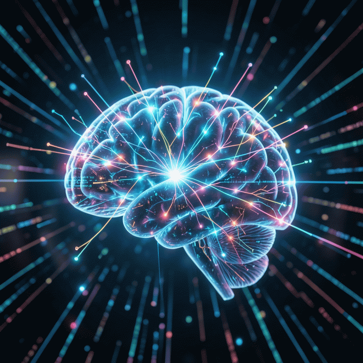 Visualisasi abstrak proses AI yang menghubungkan ide-ide mentah dengan jaringan digital untuk menciptakan rencana bisnis yang siap dijalankan.