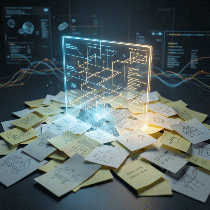 Visualisasi konsep mengubah ide mentah yang berantakan menjadi rencana bisnis digital yang terstruktur menggunakan teknologi AI.