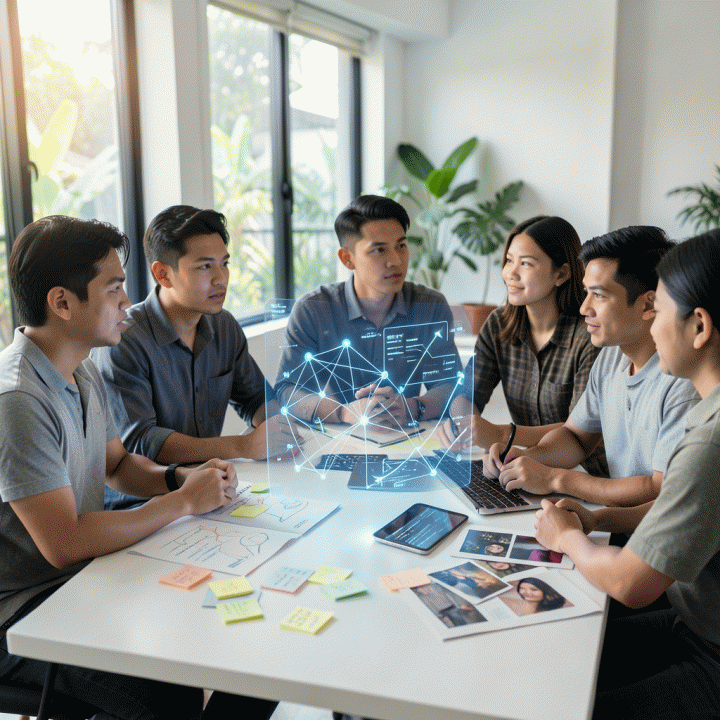 Ilustrasi fotorealistik tim profesional muda Indonesia yang berkolaborasi di ruang kerja modern, menggunakan teknologi hologram AI untuk mengubah ide mentah menjadi rencana bisnis terstruktur.