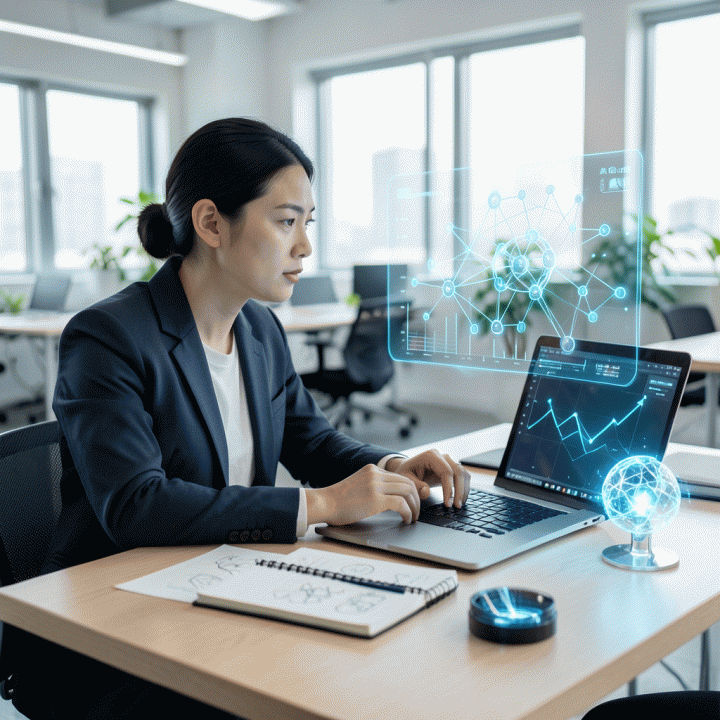 Seorang profesional muda Asia yang fokus bekerja di depan laptop di co-working space, dikelilingi oleh representasi visual holografik dari ide-ide digital yang berkembang dan terstruktur, menunjukkan proses transformasi ide menjadi bisnis.