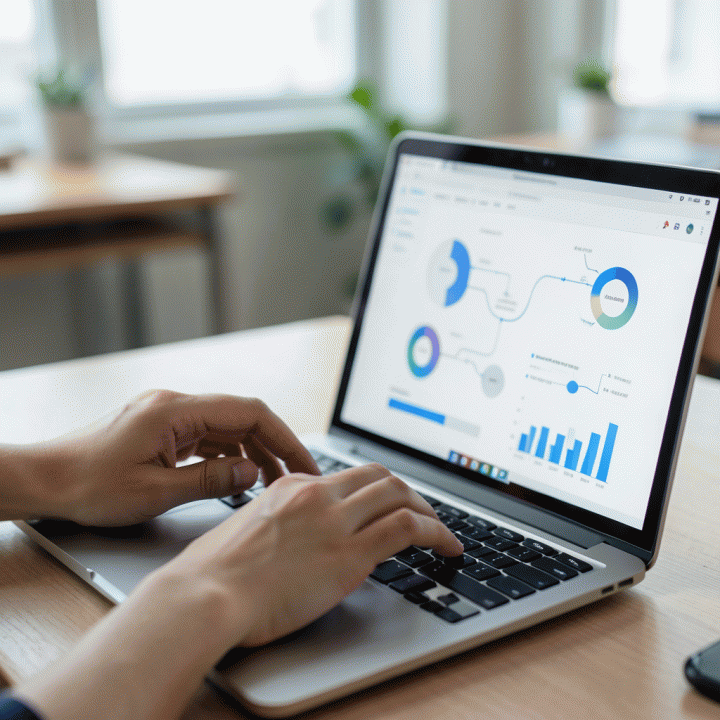 Tangan seorang profesional yang sedang bekerja di laptop, menampilkan antarmuka digital abstrak yang menunjukkan perencanaan bisnis dan riset pasar.