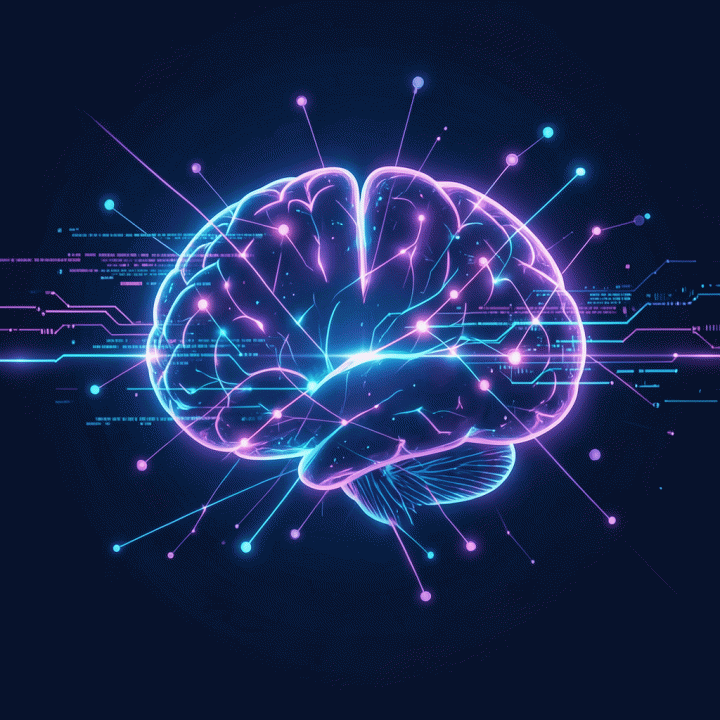 Visualisasi futuristik dari sebuah ide yang mentah (scattered) berubah menjadi model bisnis yang terstruktur dan terhubung menggunakan energi AI.