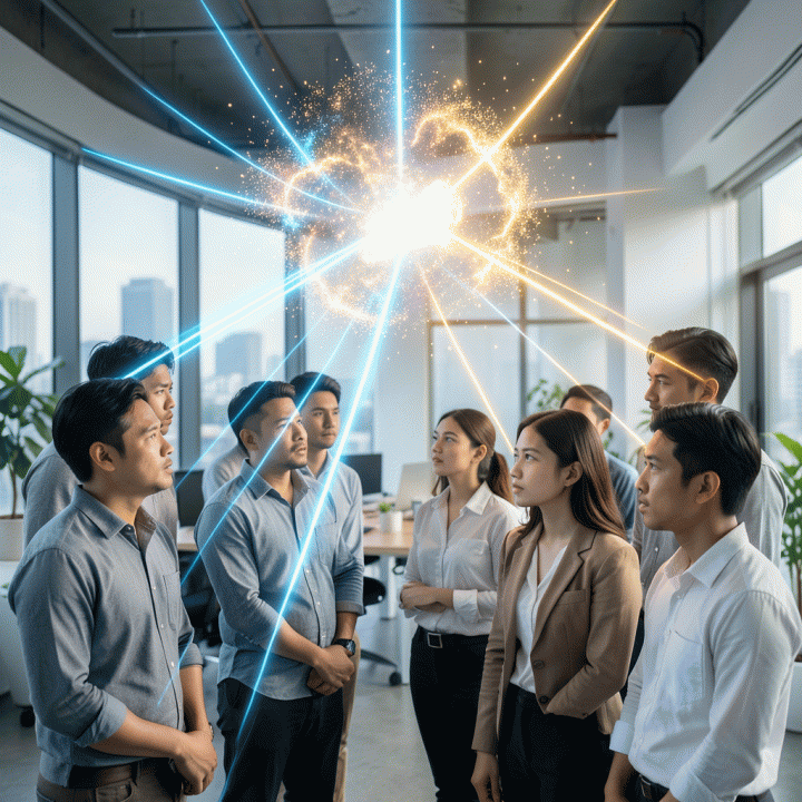 Ilustrasi sinematik yang menunjukkan ide-ide mentah bercahaya sedang diolah dan distrukturkan menjadi konsep bisnis digital yang terorganisir menggunakan antarmuka AI futuristik, dilihat oleh para founder startup muda di co-working space modern.