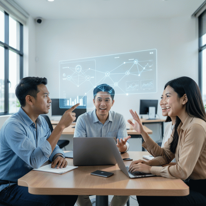Sekelompok profesional muda Indonesia yang berkolaborasi di meja kerja modern, menatap visualisasi data holografik yang mewakili proses mengubah ide menjadi strategi bisnis digital.