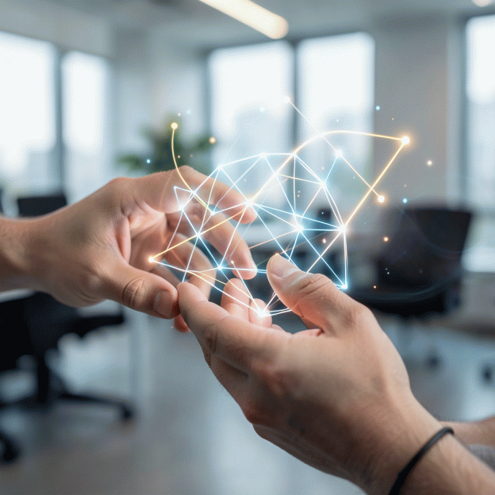 Tangan yang berinteraksi dengan blueprint data digital yang mengambang, melambangkan proses konversi ide menjadi model bisnis terstruktur oleh AI.