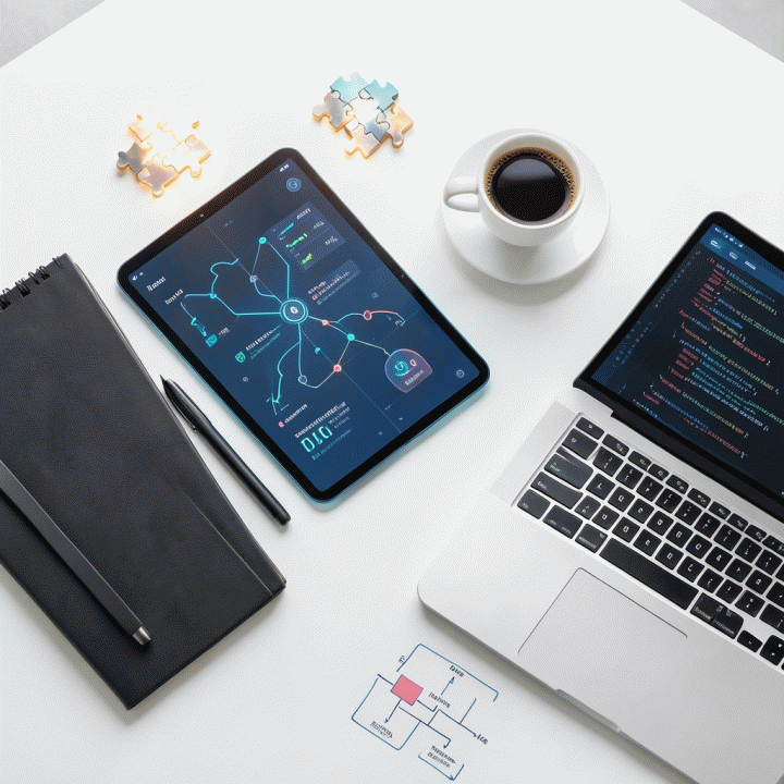 Komposisi flat lay meja kerja modern yang berisi peralatan strategis dan tablet dengan visualisasi pertumbuhan data, menekankan proses perencanaan bisnis digital.