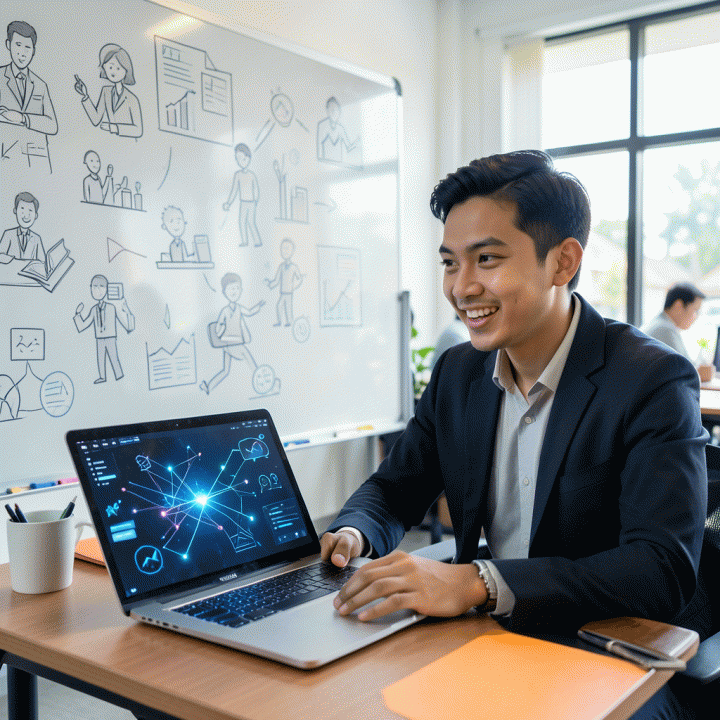 Founder startup Indonesia yang bersemangat melihat laptop yang menampilkan visualisasi AI yang mengubah ide mentah menjadi model bisnis digital yang siap diluncurkan.