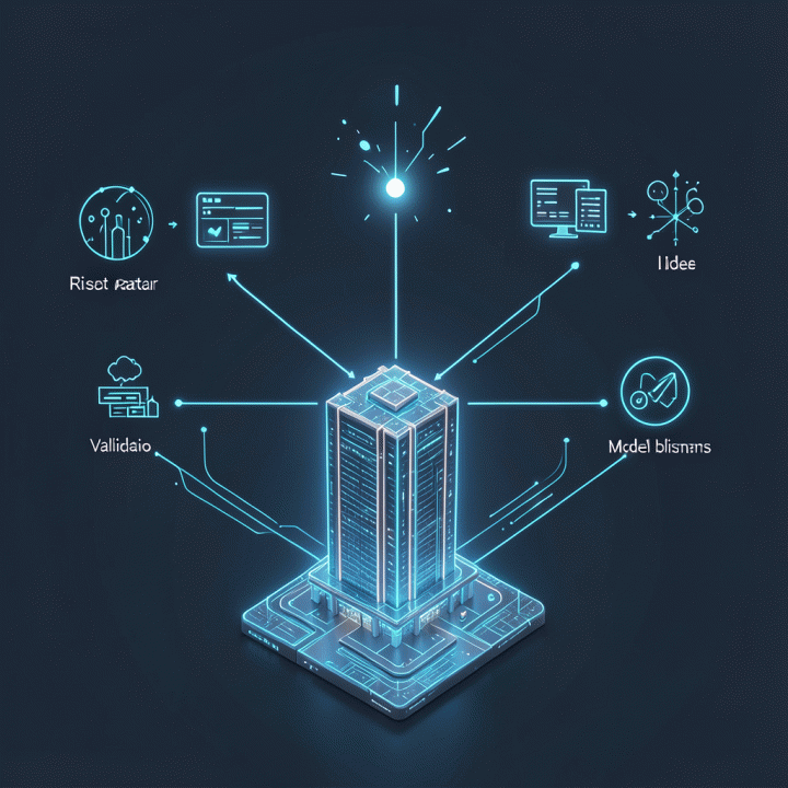 Diagram alir 3D futuristik yang menunjukkan bagaimana ide mentah diproses melalui AI menjadi model bisnis yang lengkap dan terstruktur.