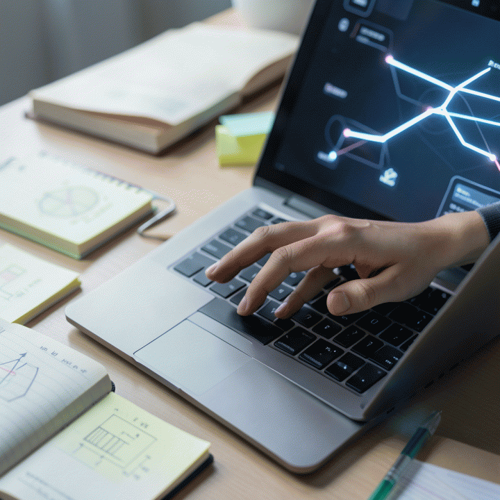 Tangan seorang profesional sedang mengetikkan ide di laptop di meja kerja yang dipenuhi alat bantu ideasi seperti sticky notes dan diagram.