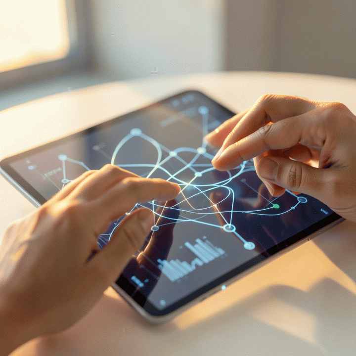 Interaksi tangan dengan tablet futuristik yang menampilkan visualisasi data dan koneksi ide yang kompleks, melambangkan bantuan AI dalam merangkai konsep.