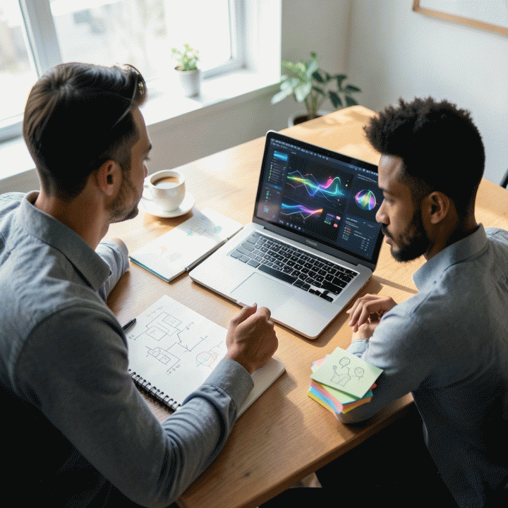 Seorang founder muda bekerja di meja modern yang dipenuhi elemen ide dan teknologi, menunjukkan proses transformasi konsep bisnis menjadi produk digital yang terstruktur.