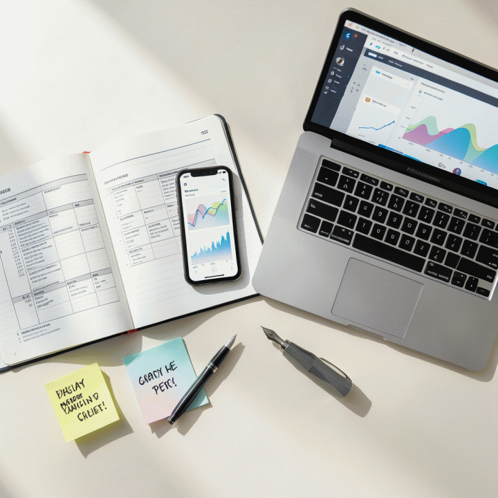 Tampilan atas (flat lay) meja kerja yang rapi dengan alat-alat seperti buku catatan, laptop, dan smartphone, melambangkan riset dan perencanaan bisnis digital yang terperinci.