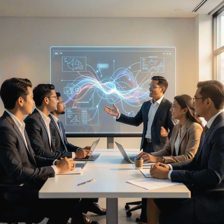 Visualisasi sinematik seorang tim profesional Indonesia yang berkolaborasi di depan layar holografik, menunjukkan proses transformasi ide mentah menjadi model bisnis digital yang terstruktur dan siap diluncurkan, melambangkan potensi bisnis melalui teknologi AI.