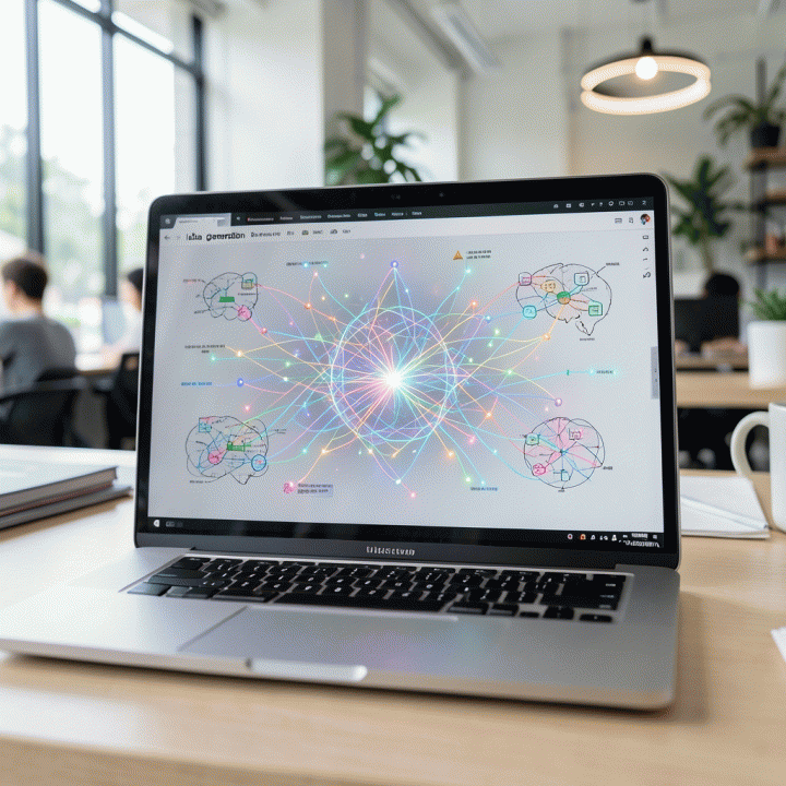 Layar laptop yang menampilkan visualisasi data abstrak dan peta pikiran yang sedang dikembangkan, melambangkan proses pembuatan ide menggunakan kecerdasan buatan.