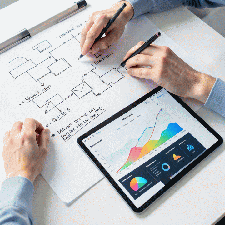 Tangan yang sedang menyusun rencana bisnis strategis, menggabungkan sketsa fisik di papan tulis dan analisis data abstrak di tablet digital, menunjukkan riset pasar dan perencanaan bisnis.