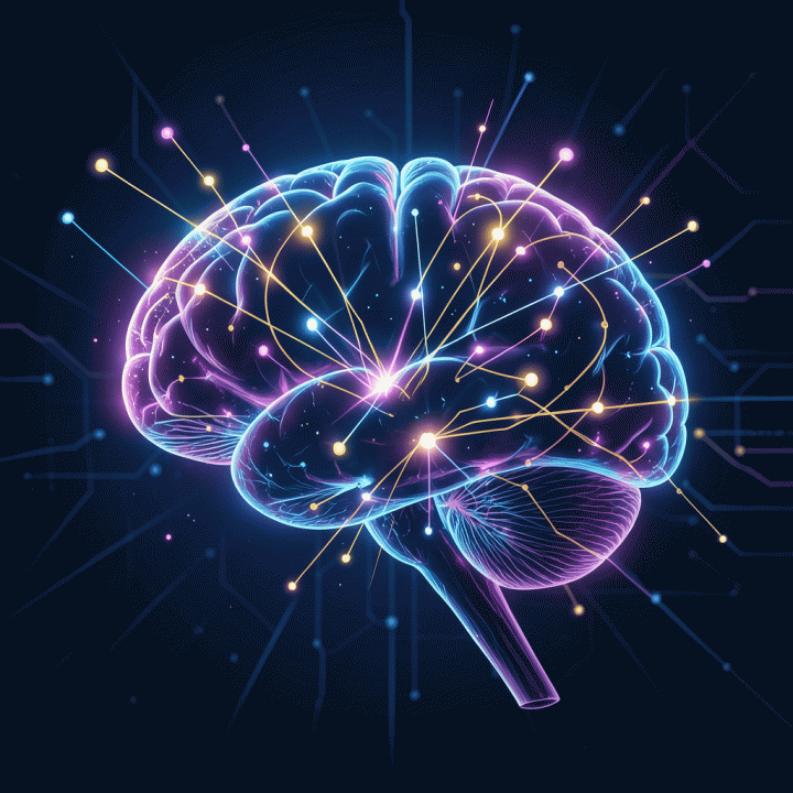 Visualisasi abstrak kecerdasan buatan yang menghubungkan dan memperkuat ide menjadi wawasan pasar dan strategi bisnis.