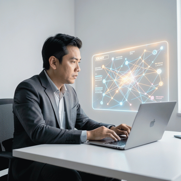 Seorang founder Indonesia yang fokus menggunakan antarmuka AI futuristik di meja kerja minimalis, menunjukkan proses mengubah ide mentah menjadi rencana bisnis digital yang terstruktur.