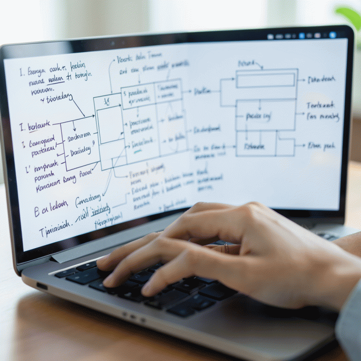 Visualisasi proses AI yang mengubah catatan ide mentah menjadi peta jalan bisnis digital yang terstruktur di layar laptop.