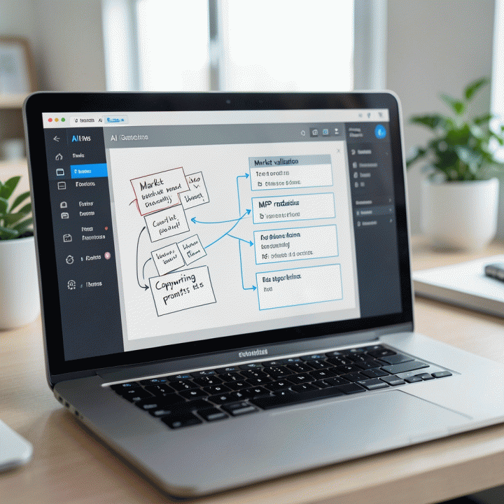 Tampilan laptop yang menunjukkan proses transformasi ide mentah menjadi rencana bisnis digital yang terstruktur menggunakan antarmuka AI.