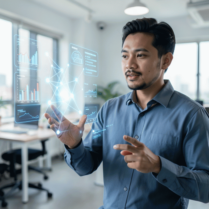 Seorang founder startup modern di Jakarta berinteraksi dengan antarmuka holografik AI yang menampilkan peta konsep dan blueprint bisnis digital yang terstruktur.