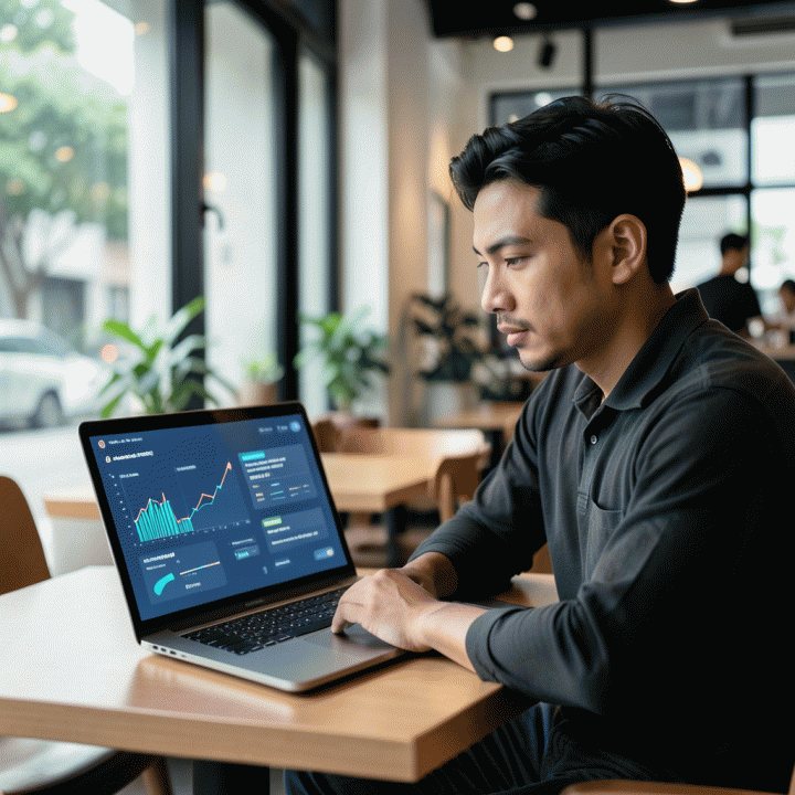 Seorang founder muda Indonesia di kafe modern, melihat layar laptop yang menampilkan visualisasi dashboard pertumbuhan dan rencana bisnis yang siap dieksekusi, menunjukkan pencerahan ide.