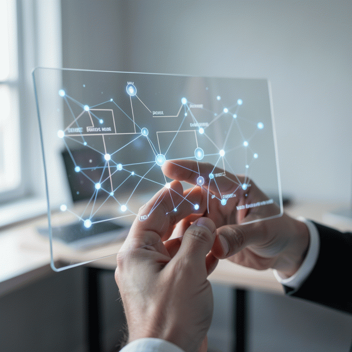 Tangan berinteraksi dengan antarmuka digital holografik yang menunjukkan visualisasi transformasi ide mentah menjadi model bisnis terstruktur, didukung AI.