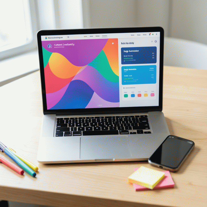 Tampilan datar (flat lay) yang menunjukkan laptop AI di atas meja kerja, melambangkan otomatisasi desain thumbnail dan konsistensi visual untuk content creator.
