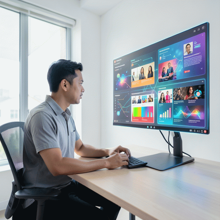Seorang content creator Indonesia di meja kerja modern, melihat layar holografik yang menampilkan skrip artikel dan teks yang secara ajaib berubah menjadi berbagai desain thumbnail YouTube profesional dan menarik, menunjukkan otomatisasi konten AI.
