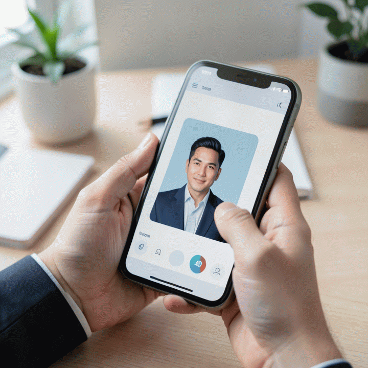Tangan menggunakan smartphone untuk mengakses AI generator foto profil profesional di meja kerja modern.